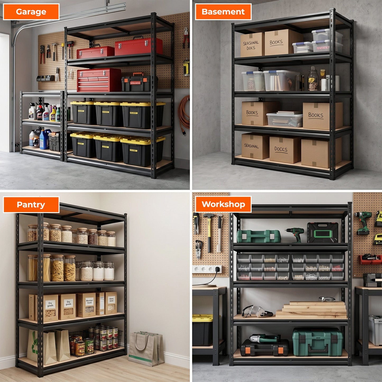 RigidSpan 5 - Tier Adjustable Metal Shelving Unit – Black, 72" x 35.5" x 15.8" - RigidSpan