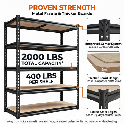 RigidSpan 5 - Tier Adjustable Metal Shelving Unit – Black, 72" x 35.5" x 15.8" - RigidSpan