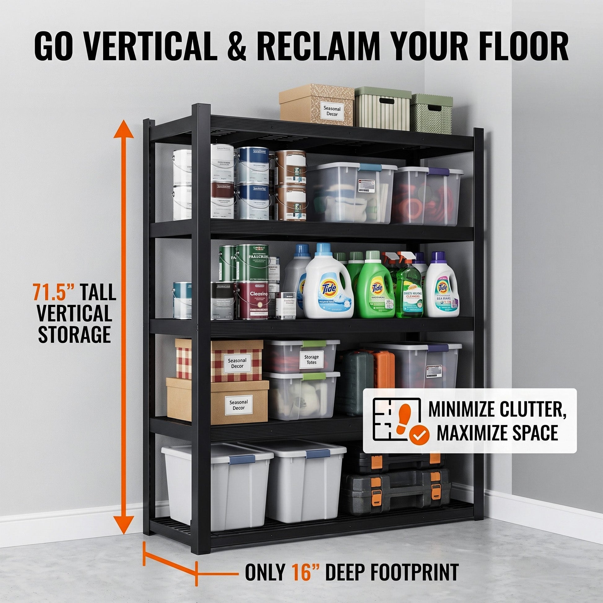 RigidSpan 5 - Tier Boltless Metal Shelving Unit – Black, 71.5 x 40 x 16 in - RigidSpan