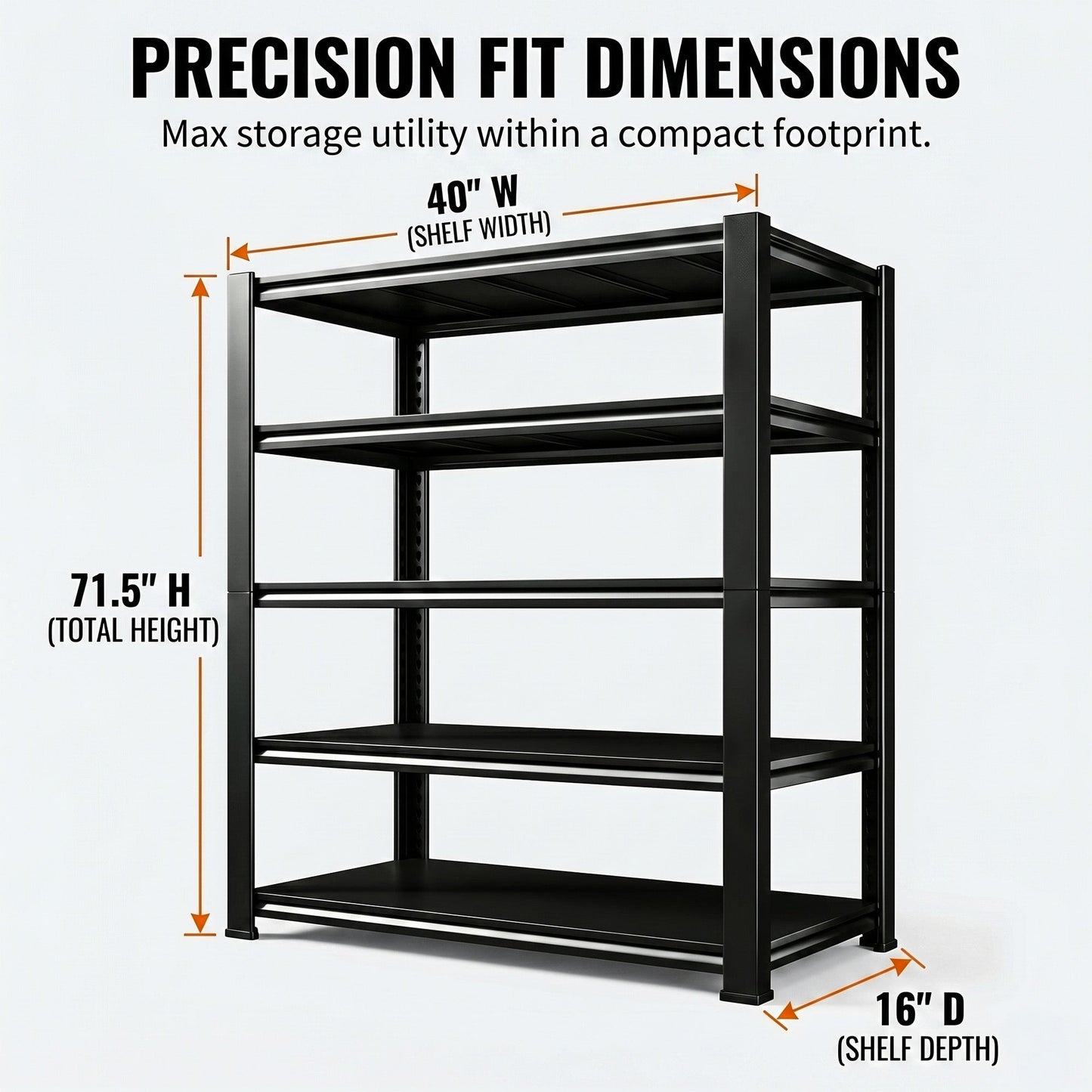 RigidSpan 5 - Tier Boltless Metal Shelving Unit – Black, 71.5 x 40 x 16 in - RigidSpan