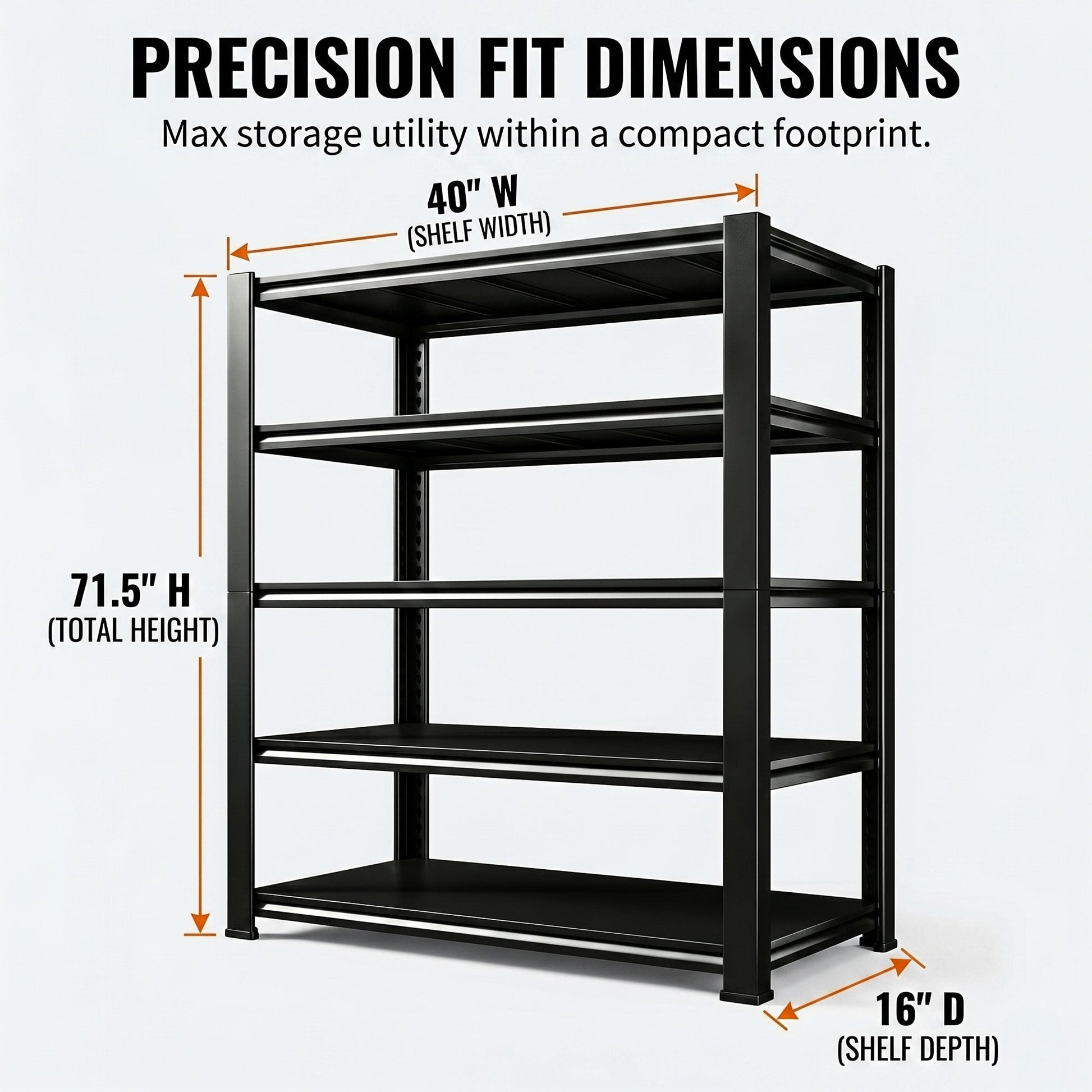 RigidSpan 5 - Tier Boltless Metal Shelving Unit – Black, 71.5 x 40 x 16 in - RigidSpan