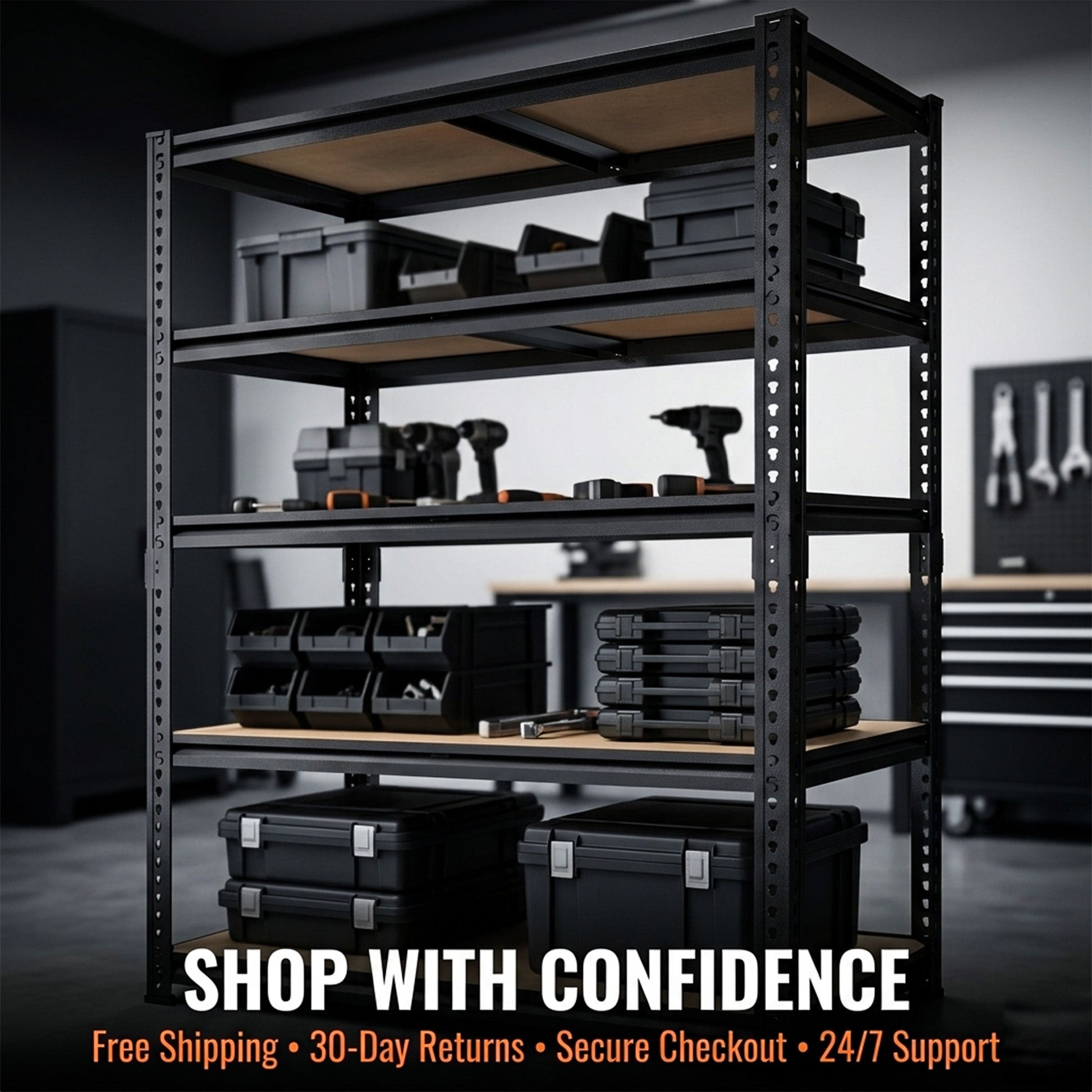 RigidSpan 5 - Tier Extra - Wide Metal Garage Shelving Unit – Black, 72 x 40 x 20 in - RigidSpan