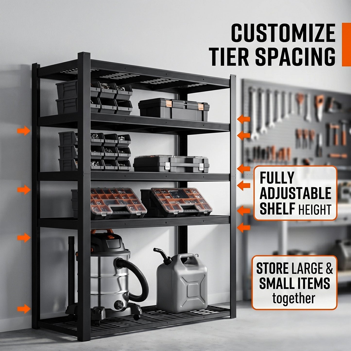RigidSpan 5 - Tier Extra - Wide Metal Storage Rack – Black, 72 x 62 x 24 in - RigidSpan