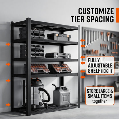 RigidSpan 5 - Tier Extra - Wide Metal Storage Rack – Black, 72 x 62 x 24 in - RigidSpan