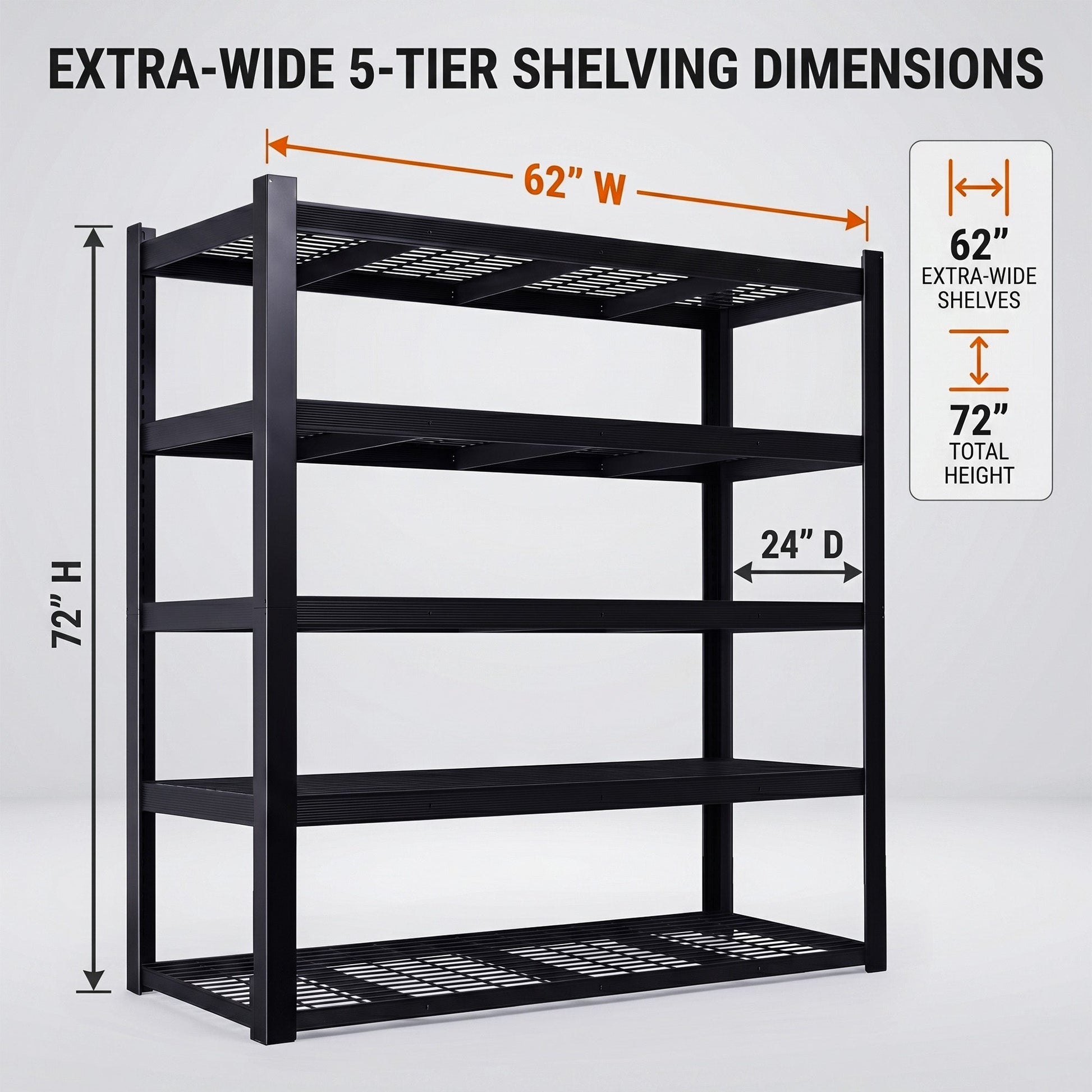 RigidSpan 5 - Tier Extra - Wide Metal Storage Rack – Black, 72 x 62 x 24 in - RigidSpan