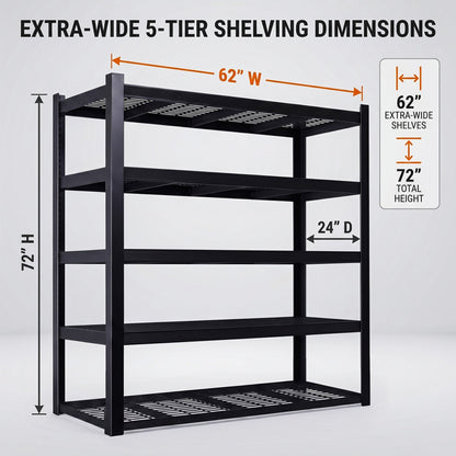 RigidSpan 5 - Tier Extra - Wide Metal Storage Rack – Black, 72 x 62 x 24 in - RigidSpan