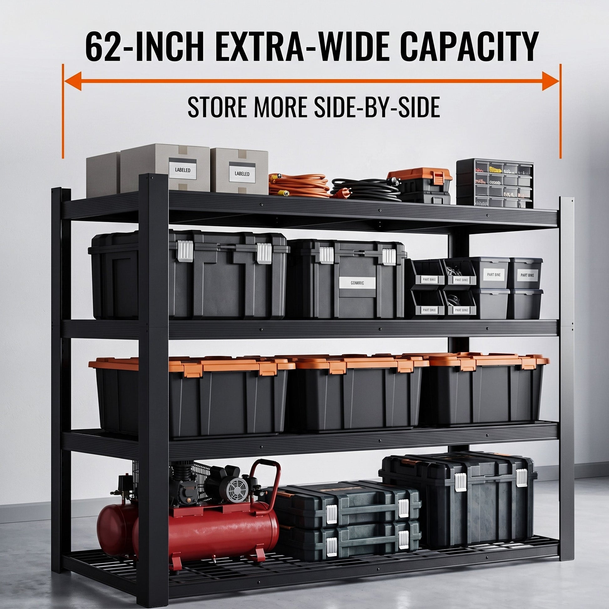 RigidSpan 5 - Tier Extra - Wide Metal Storage Rack – Black, 72 x 62 x 24 in - RigidSpan